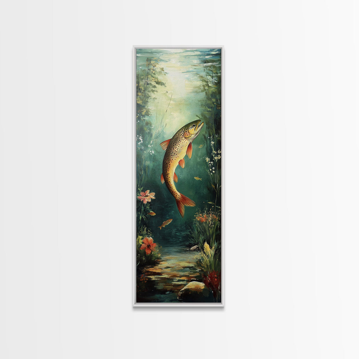 Underwater Trout Scene Canvas Print Rustic Wall Art Fly Fishing Art Wildflower Painting Skinny Art Vertical Rustic Decor