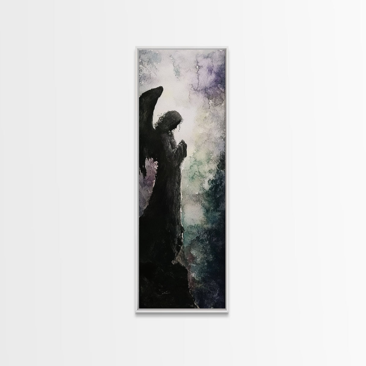 Praying Angel Silhouette Framed Canvas Print Angel Art Prints Gothic Wall Art Moody Art Vertical Living Room Spiritual Decor