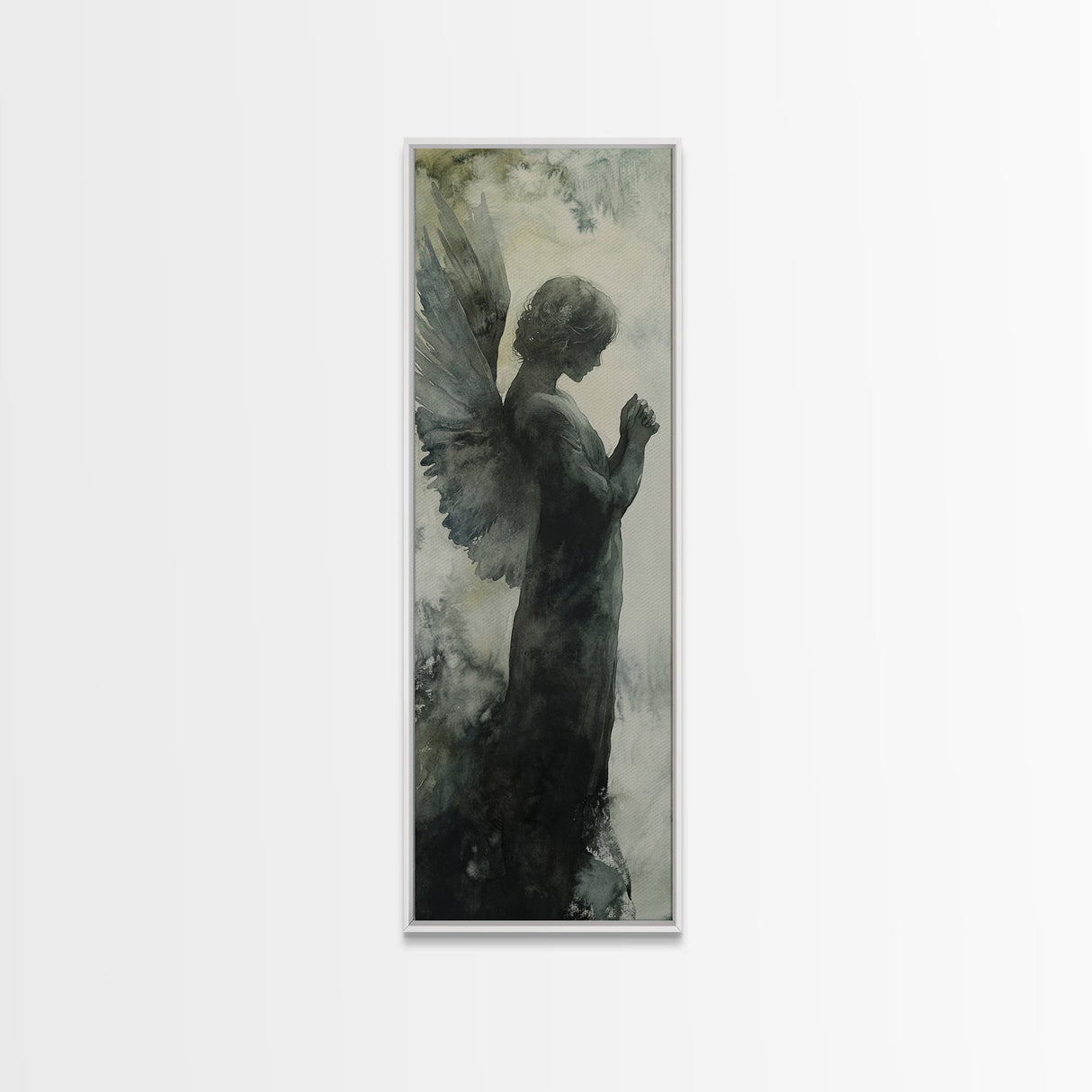 Watercolor Angel Canvas Print with Elegant Moody Design, Dark Angels Wall Art Gift Idea, Vertical Bedroom Zen Art Piece