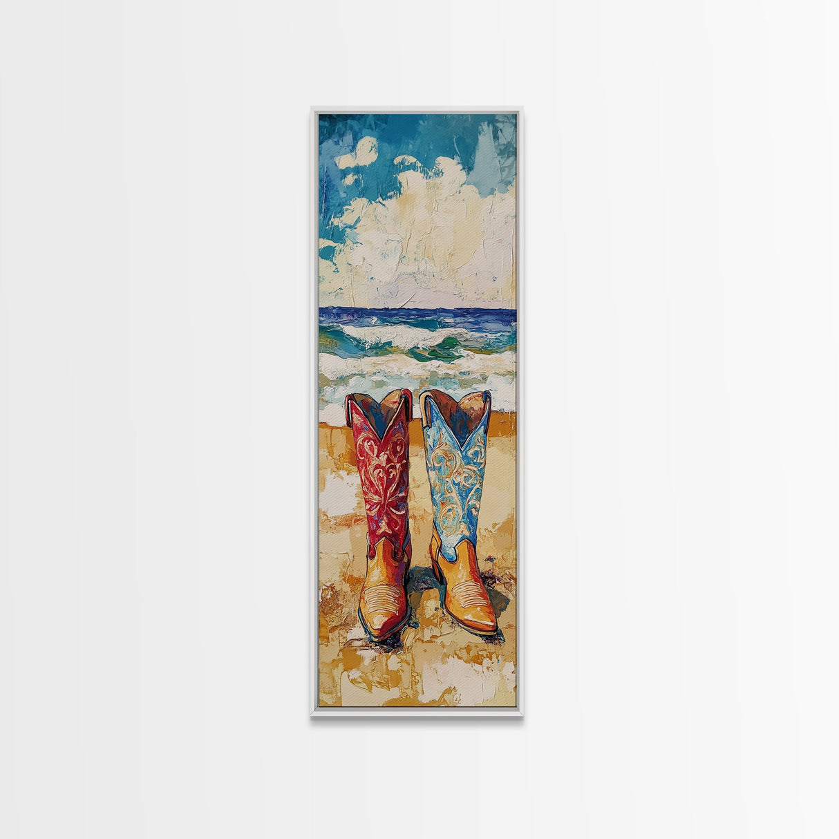 Coastal Cowgirl Boots Canvas Print, Vibrant Red and Blue Cowboy Boots on Beach with Ocean Waves, Coastal Wall Art, Nautical Decor, Gift Idea