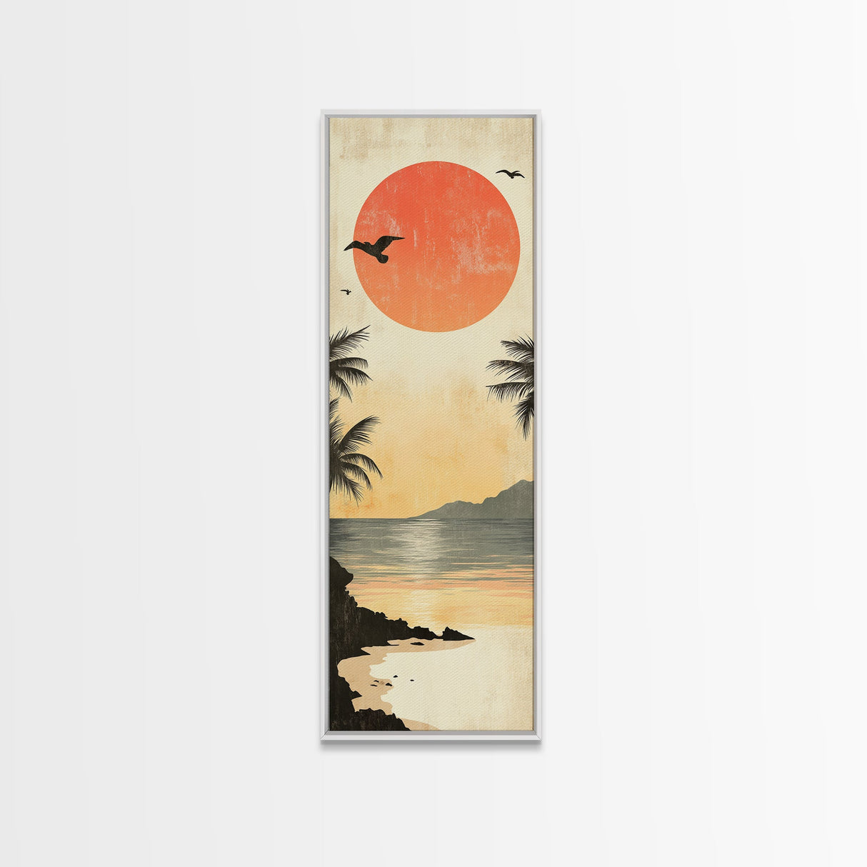 Seagulls At Sunset Beach Framed Canvas Print | Coastal Wall Art | Tropical Landscape Art | Nautical Painting | Living Room Decor