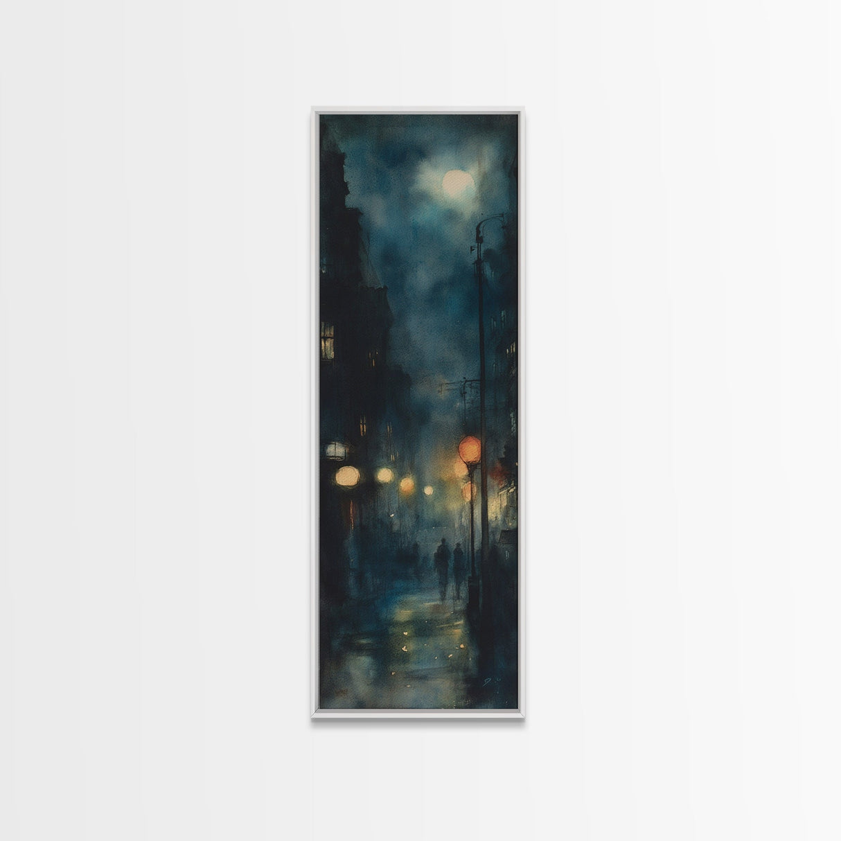 Moody Night Street Scene Framed Canvas Print | Vertical Wall Art | Moody Art | Living Room Art | Gift Idea Him | Urban Nightscape