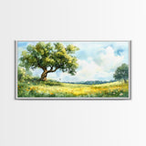 Sunny Meadow Elegance Canvas Print Featuring Oak Tree Art and Wildflower Painting Rustic Decor for Living Room Wall Art