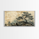 Pine Tree on Rocks Canvas Print Rustic Wall Art Wabi Sabi Minimalist Artwork Zen Art Bedroom Decor Horizontal Landscape Painting