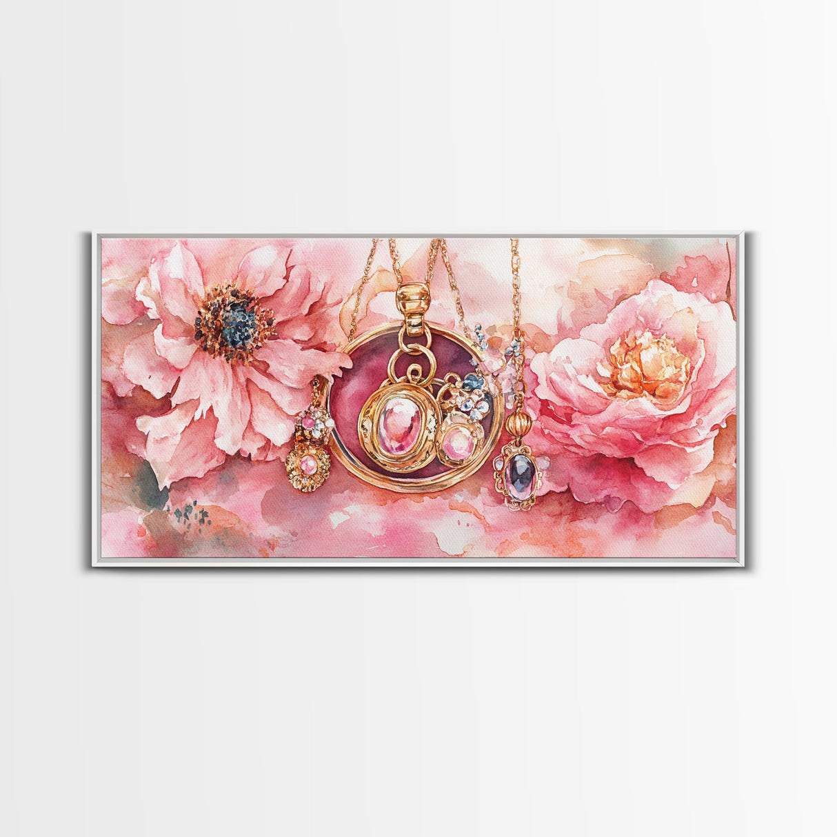 Pink Gemstone Jewelry Canvas Print, Feminine Elegant Artwork, Glamorous Rose Painting, Living Room Wall Art, Unique Decorative Gift