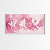 White Dove Flight Canvas Print | Angel Art Prints | Light Pink Wall Art | Minimalist Bird Art | Whimsical Living Room Decor Wall Art