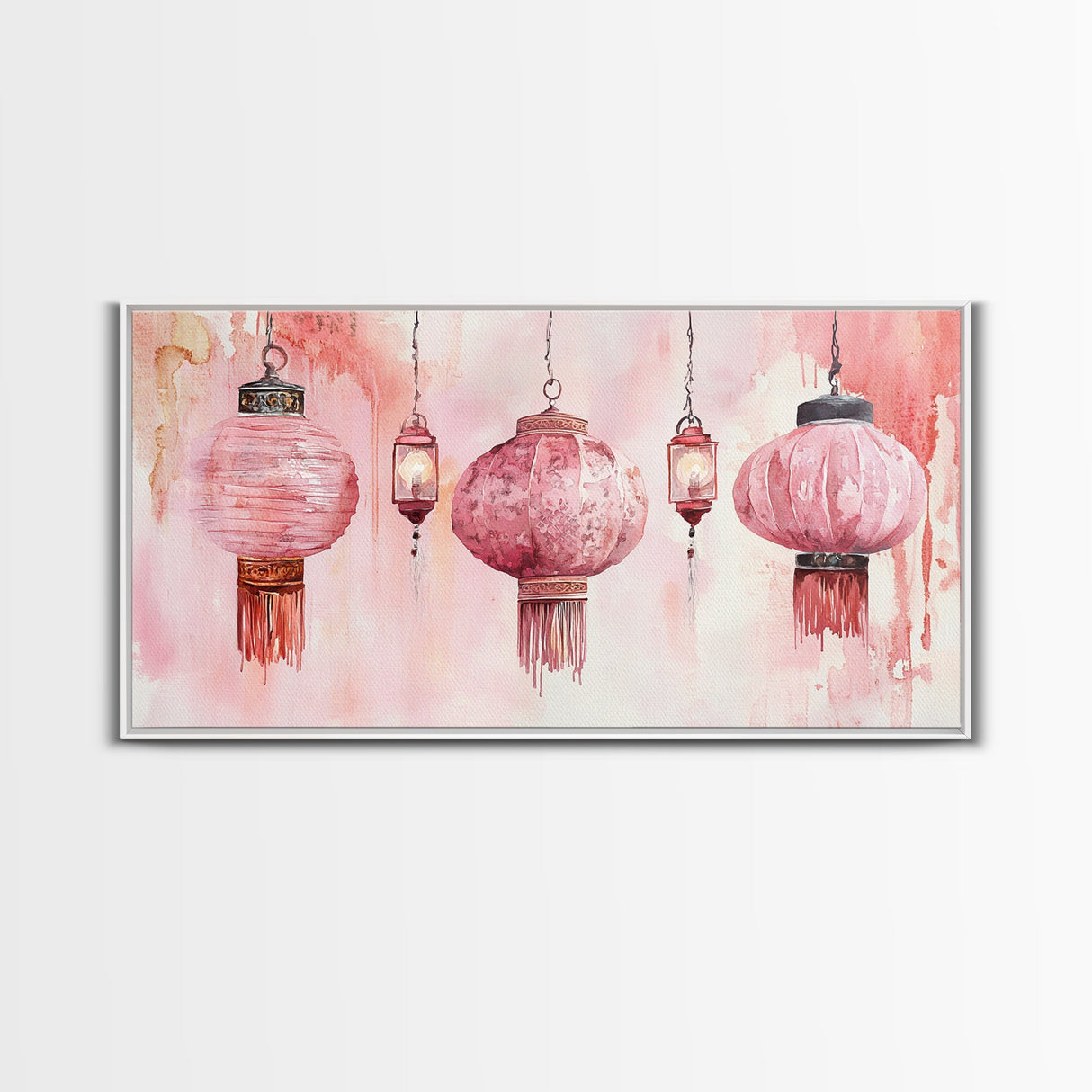 Pink Lanterns Canvas Print Chinoiserie Wall Art Moroccan Wall Art Whimsical Art Living Room Art Rustic Decor Fall Gift Idea