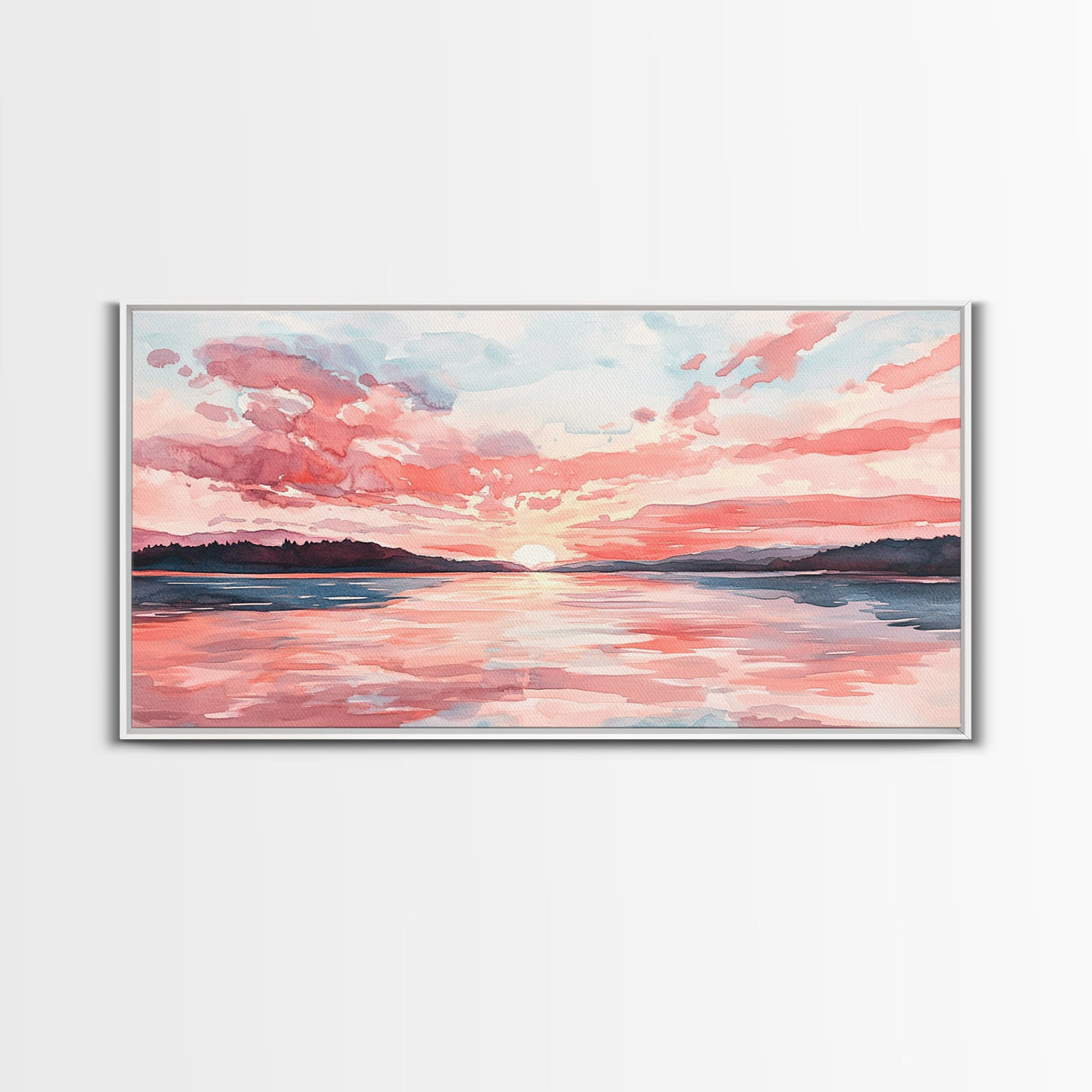 Serene Pink Sunset Canvas Print | Coastal Landscape Art | Nautical Wall Decor | Bedroom Above Bed Art | Horizontal Panoramic Artwork