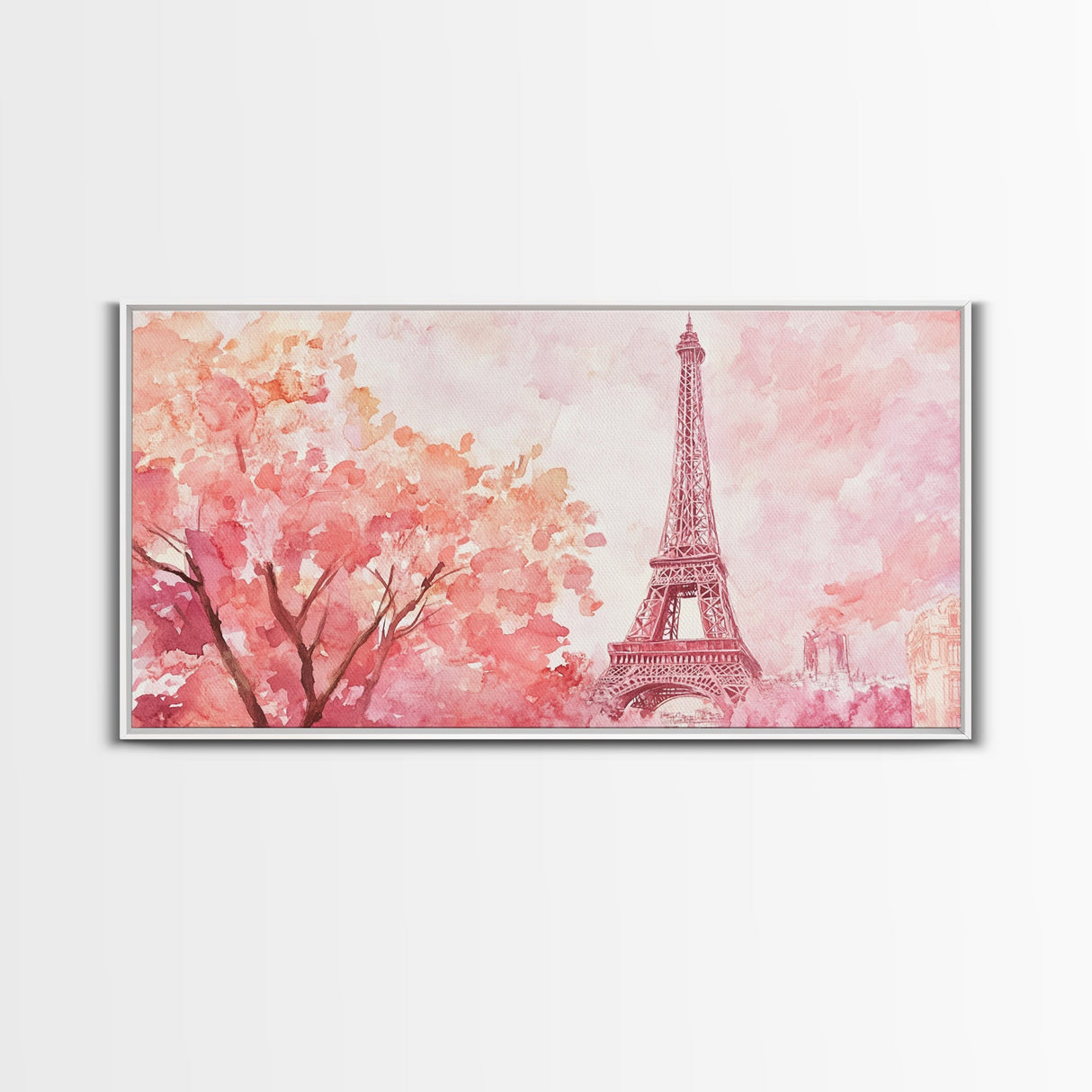 Eiffel Tower Cherry Blossom Canvas Print - Light Pink Wall Art Paris Landscape Romantic Living Room Art Bedroom Rustic Decor