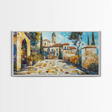 Mediterranean Village Mosaic Framed Canvas Print - Vibrant Coastal Landscape Art - Nautical Decor Living Room Rustic Wall Art