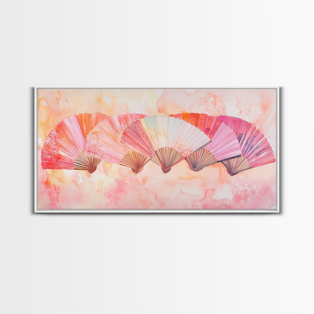 Fan Arrangement Canvas Print | Moroccan Wall Art, Chinoiserie Wall Art, Wabi Sabi Art, Light Pink Decor, Extra Wide Wall Art, Above Sofa Art