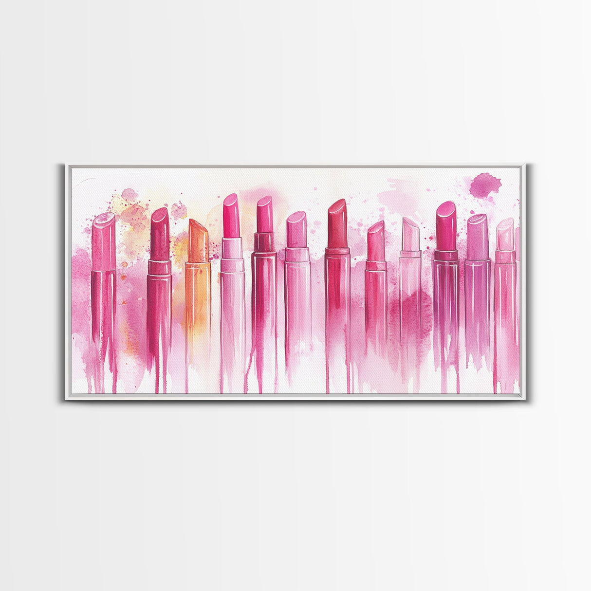 Assorted Lipstick Shades Illustration in Light Pink Wall Art on Canvas Print, Makeup Lover's Room or Vanity Decor Idea