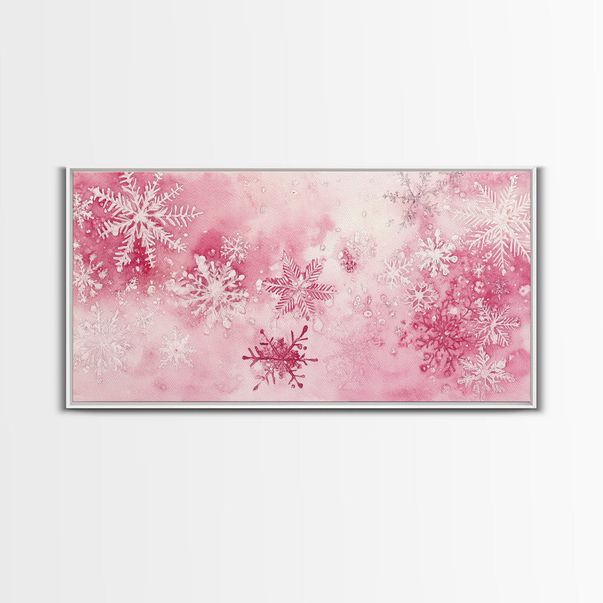 Winter Snowflake Motif with Pink Christmas Wall Art Aesthetic on Framed Canvas Print, Holiday Living Room or Bedroom Decor