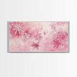 Winter Snowflake Motif with Pink Christmas Wall Art Aesthetic on Framed Canvas Print, Holiday Living Room or Bedroom Decor