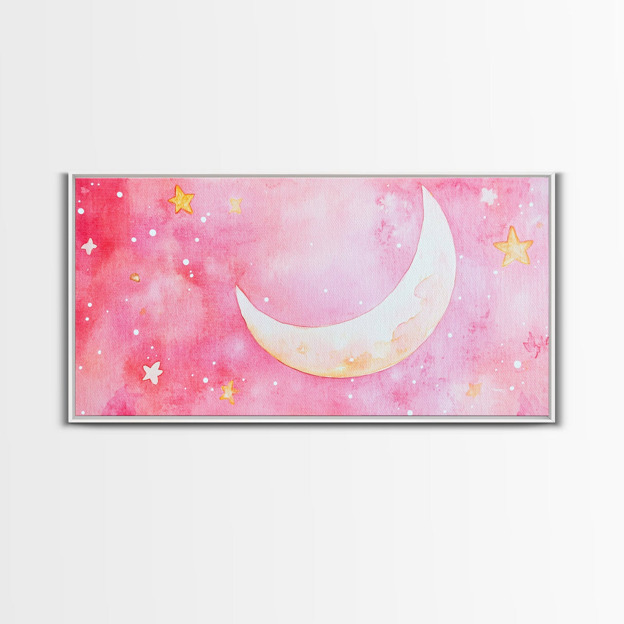 Crescent Moon and Stars Design in Pink Wall Art Style on Framed Canvas Print, Nursery or Bedroom Light Pink Whimsical Art