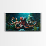 Majestic Octopus Framed Canvas Print, Coastal Decor Wall Art, Marine Wildlife Painting, Ocean Life Nautical Theme, Rustic Home Art
