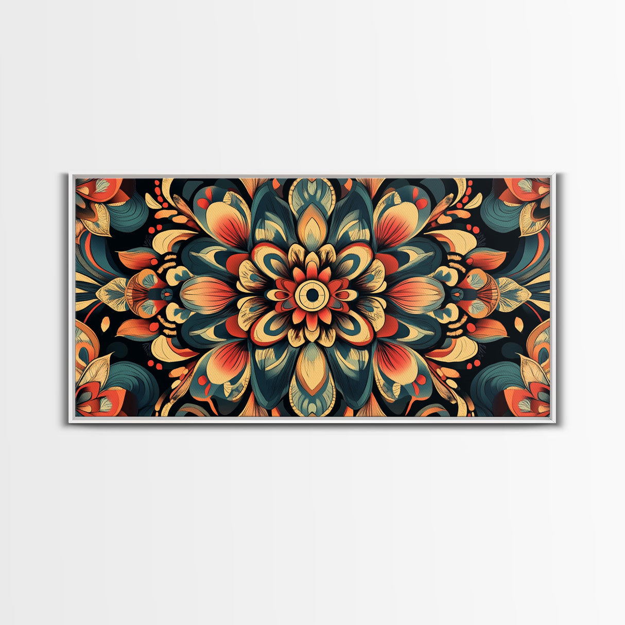 Kaleidoscopic Mandala Design Framed Canvas Print, Boho Wall Art, Sacred Geometry Painting, Colorful Ethereal Decor, Spiritual Zen Art