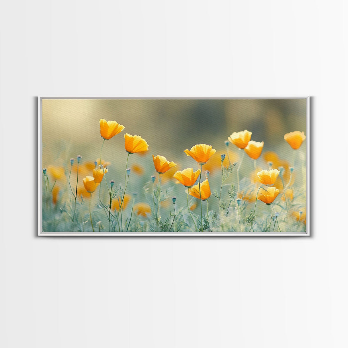 Golden Poppy Floral Canvas Print California Wildflower Art Botanical Wall Decor Rustic Style Extra Wide Horizontal Landscape Art