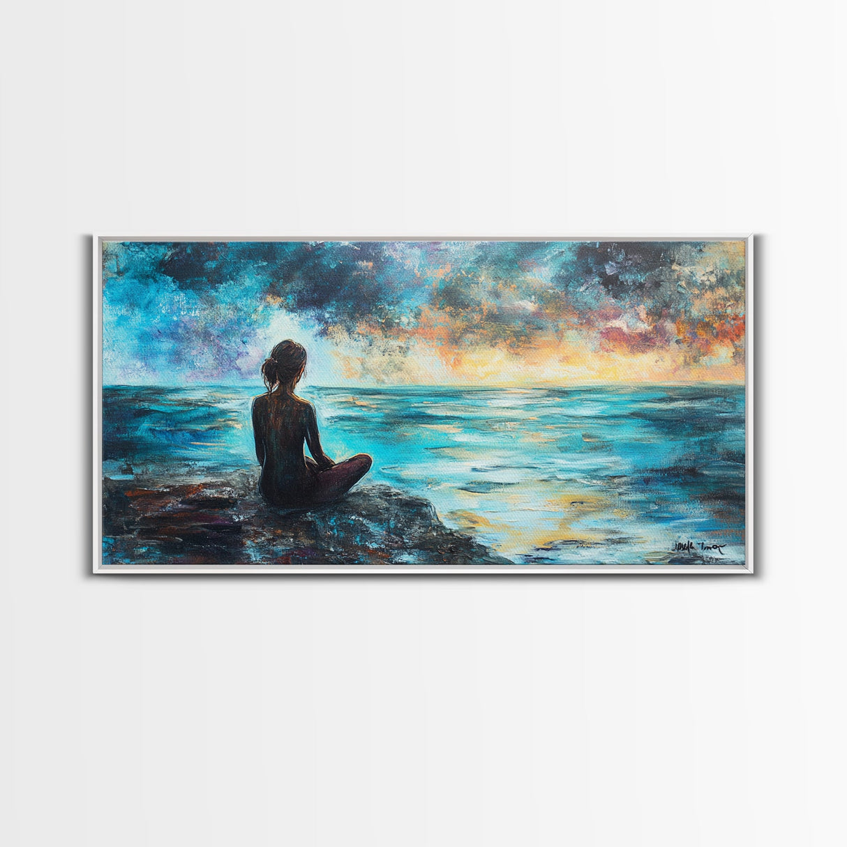 Woman Meditating Coastal Sunset Framed Canvas Print Yoga Art Nautical Wall Art Bedroom Decor Perfect Gift Idea Coastal Cowgirl Artwork