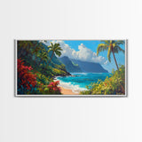Lush Hawaiian Coast Canvas Print Coastal Painting Nautical Wall Art Panoramic Art Tropical Landscape Art Above Bed Wall Art Gift Idea