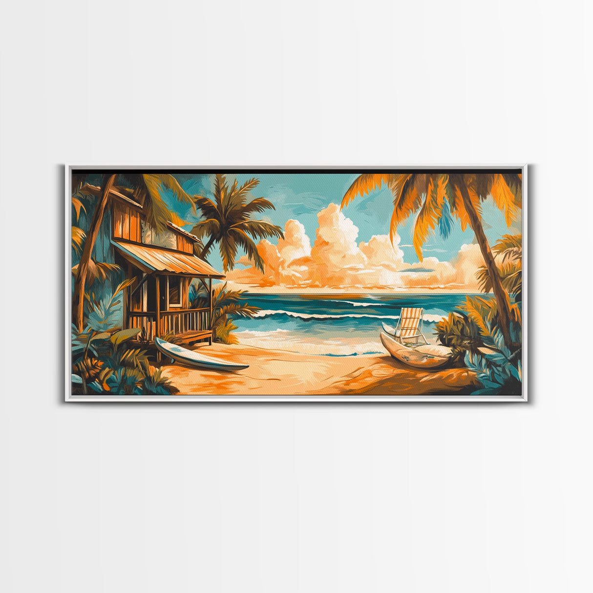 Sunset Surf Shack Canvas Print Nautical Wall Art Coastal Painting Rustic Decor Tropical Landscape Art Extra Wide Art Bedroom Art