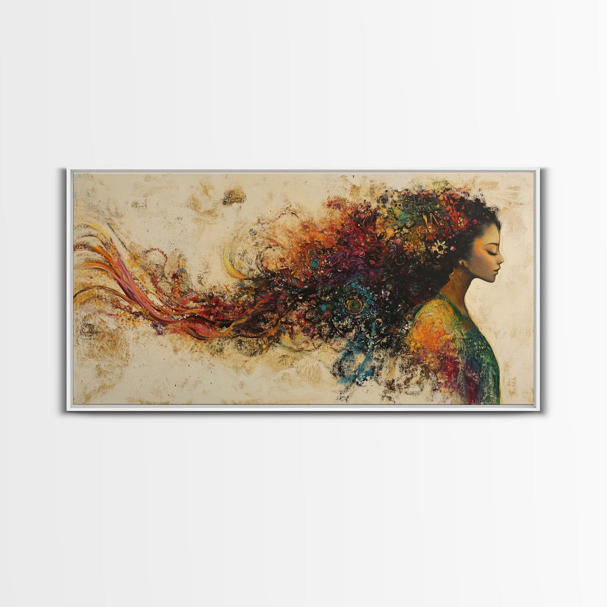 Vibrant Female Silhouette Framed Canvas Print, Whimsical Art, Afrocentric Wall Art, Angel Art Prints, Bedroom Art, Chinoiserie Wall Art
