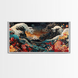 Ocean Waves Framed Canvas Print, Japanese Inspired Coastal Wall Art, Nautical Decor, Coastal Landscape Art, Extra Wide Panoramic Art