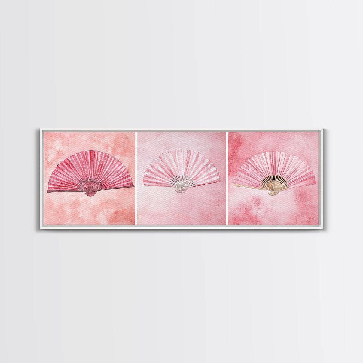 Trio of Elegant Fans Canvas Print, Minimalist Boho Pink Artwork, Oriental Fan Wall Art for Bedroom, Light Pastel Wall Decor Idea