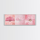 Trio of Elegant Fans Canvas Print, Minimalist Boho Pink Artwork, Oriental Fan Wall Art for Bedroom, Light Pastel Wall Decor Idea