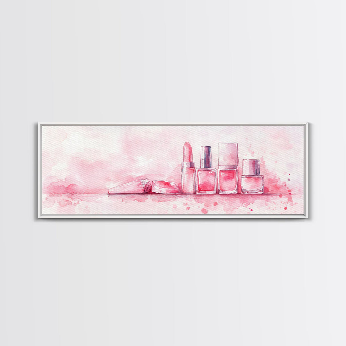 Makeup Art Canvas Print Featuring Lipstick and Nail Polish, Pink Abstract Wall Art for Bedroom or Bathroom Decor, Feminine Gift