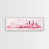 Makeup Art Canvas Print Featuring Lipstick and Nail Polish, Pink Abstract Wall Art for Bedroom or Bathroom Decor, Feminine Gift