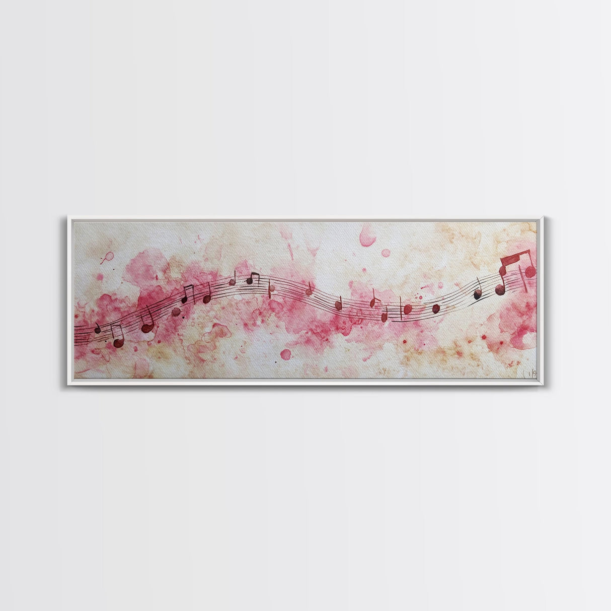 Pink Musical Notes Canvas Print, Rustic Abstract Artwork for Living Room, Nostalgic Art Nouveau Style, Horizontal Wall Art Decor