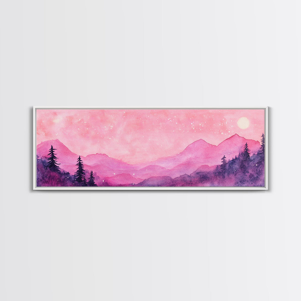 Mountain Landscape Art Framed Canvas Print in Light Pink Hues with Starry Sky, Bedroom or Living Room Artwork, Rustic Decor Painting