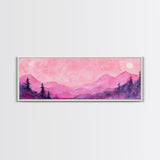 Mountain Landscape Art Framed Canvas Print in Light Pink Hues with Starry Sky, Bedroom or Living Room Artwork, Rustic Decor Painting