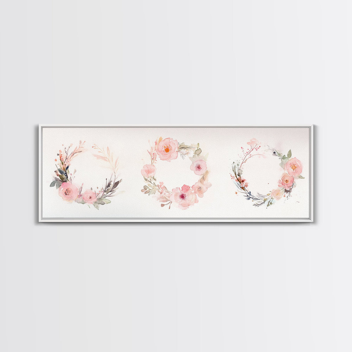 Wildflower Wreath Painting Framed Canvas Print in Pastel Pink and Green, Vertical Rustic Farmhouse Artwork, Botanical Gift Idea