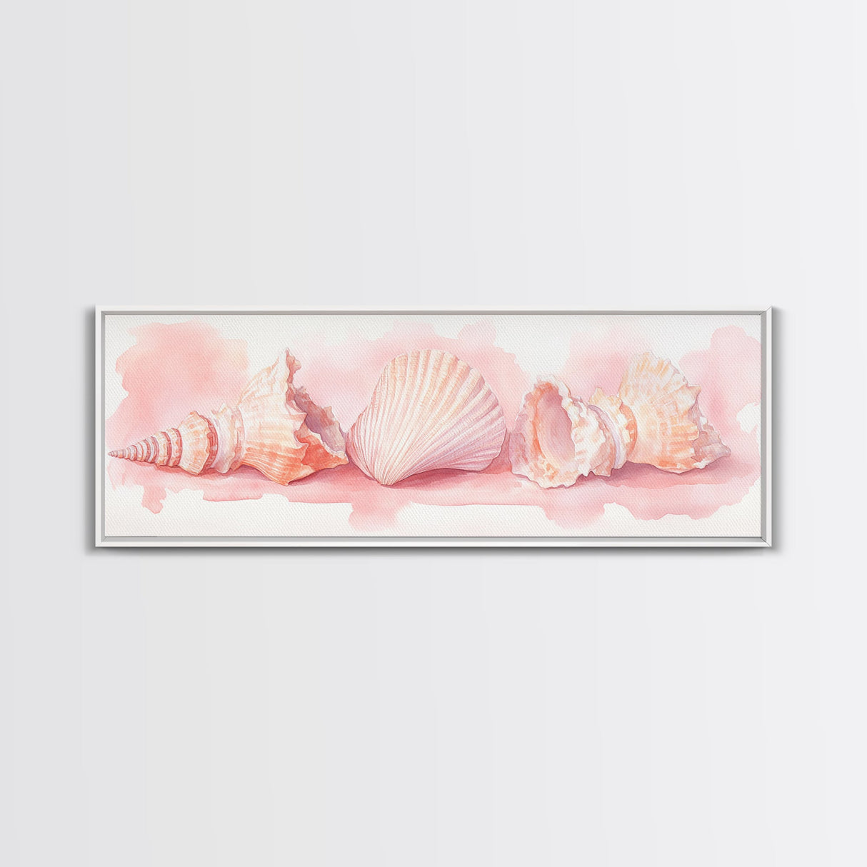 Shell Painting Framed Canvas Print Featuring Coastal Shells in Pastel Pink, Nautical Decor Idea, Horizontal Coastal Artwork