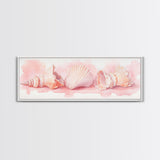 Shell Painting Framed Canvas Print Featuring Coastal Shells in Pastel Pink, Nautical Decor Idea, Horizontal Coastal Artwork