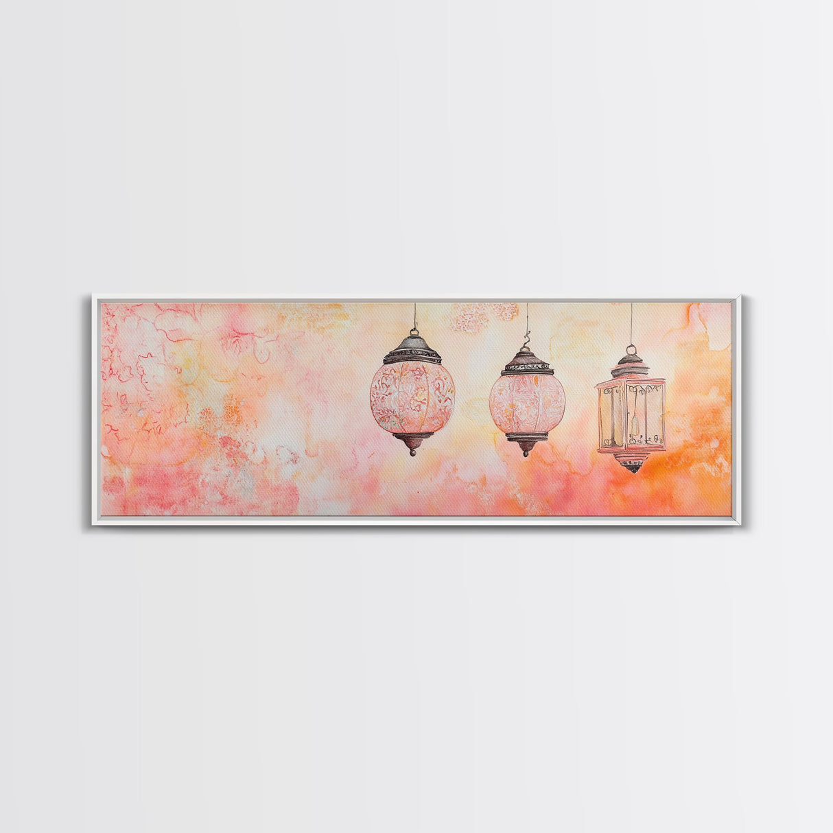 Moroccan Lanterns Canvas Print Pink Orange Wall Art Boho Decor Rustic Living Room Artwork Horizontal Farmhouse Style Gift Idea