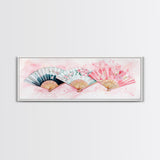 Floral Hand Fan Art Framed Canvas Print Chinoiserie Pink Wall Art Botanical Prints Horizontal Bedroom Living Room Décor Gift Idea
