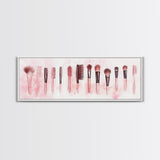Framed Canvas Print of Makeup Brushes and Combs in Pink Ideal Gift Idea with Whimsical Art for Vanity or Beauty Room Wall Decor