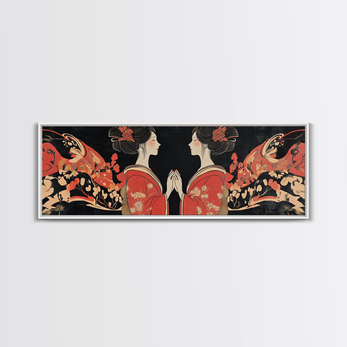 Elegant Geisha Framed Canvas Print Chinoiserie Art Nouveau Print Japanese Zen Art Gift Idea for Her Bedroom Living Room Wall Decor