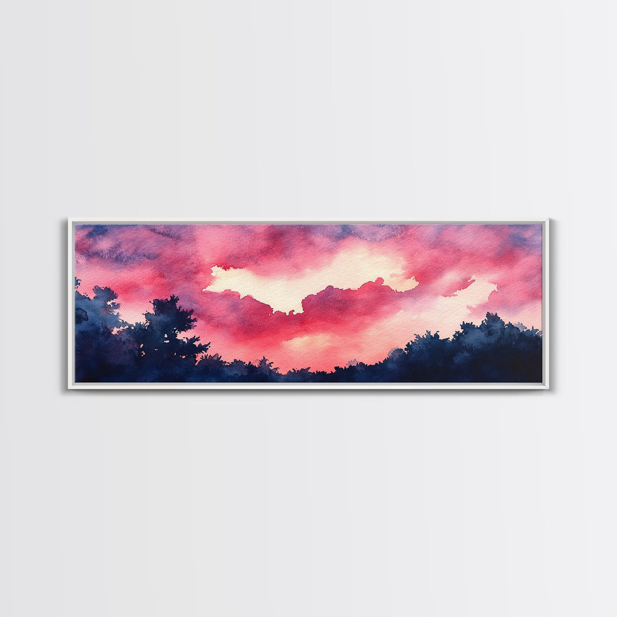 Forest Sunset Framed Canvas Print, Moody Evening Sky Painting, Smoky Mountain Landscape Art, Living Room or Bedroom Wall Decor