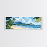 Serene Coastal Landscape Framed Canvas Print - Vibrant Hawaii Art, Nautical Beach Wall Decor, Panoramic Ocean Painting, Living Room Art