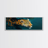 Leopard In Motion Framed Canvas Print - Abstract Jungle Painting, Teal And Orange Wildcat Art, Modern Safari Wall Decor, Bedroom Accent