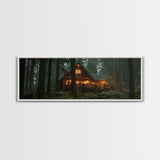 Warm Forest Cabin Framed Canvas Print, Rustic Decor Wall Art, Cozy Woodland Scene Painting, Moody Autumn Landscape, Living Room Art Piece