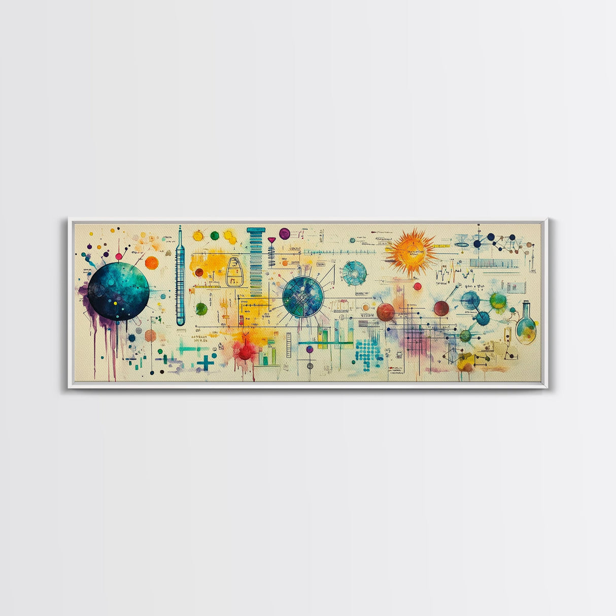 Framed Canvas Print of Science Art with Abstract Diagrams, Therapy Art, Brain Art, Panoramic Wall Art, Horizontal Living Room Art