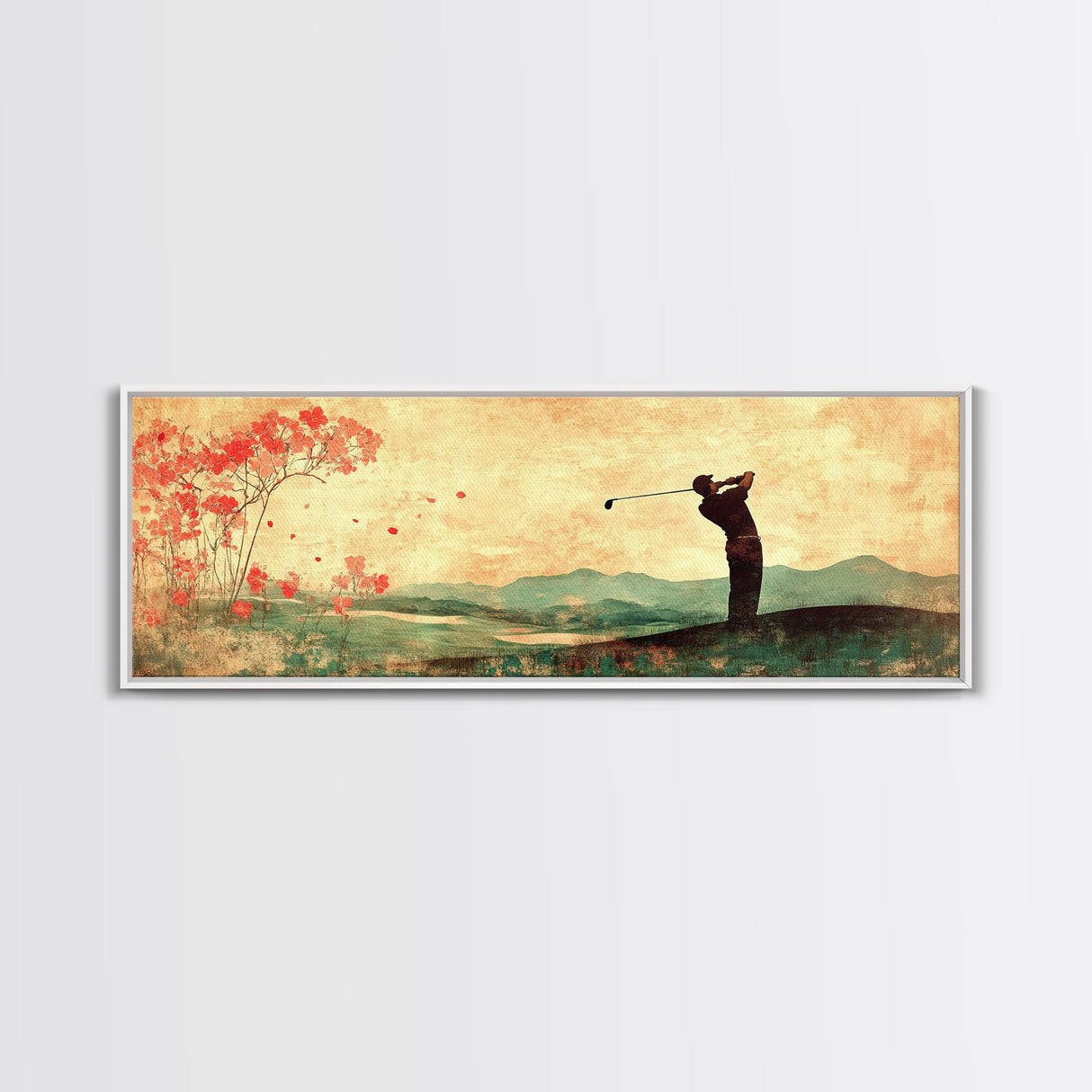Golf Swing Elegance Framed Canvas Print – Rustic Decor, Golf Art, Panoramic Painting, Horizontal Wall Art, Gift Idea For Him
