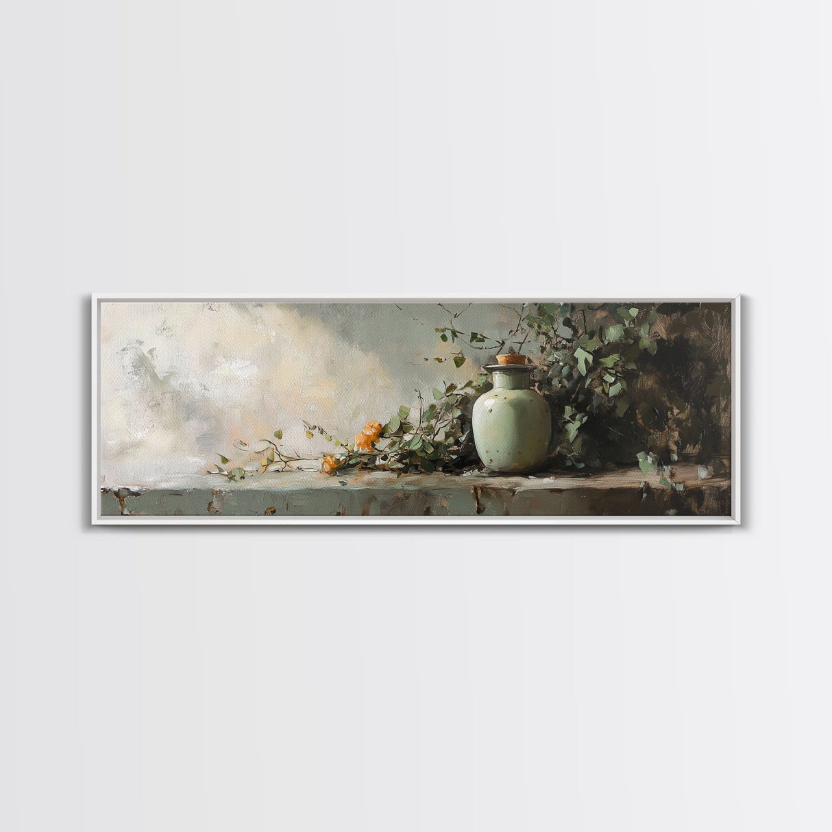 Minimalist Vase with Leaves Framed Canvas Print – Botanical Prints, Green Wall Art, Rustic Wall Art, Above Bed Wall Art, Gift Idea For Her