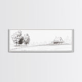 Rustic Farmhouse Framed Canvas Print, Black and White Landscape Art, Above Sofa Wall Art Minimalist Living Room Country Decor