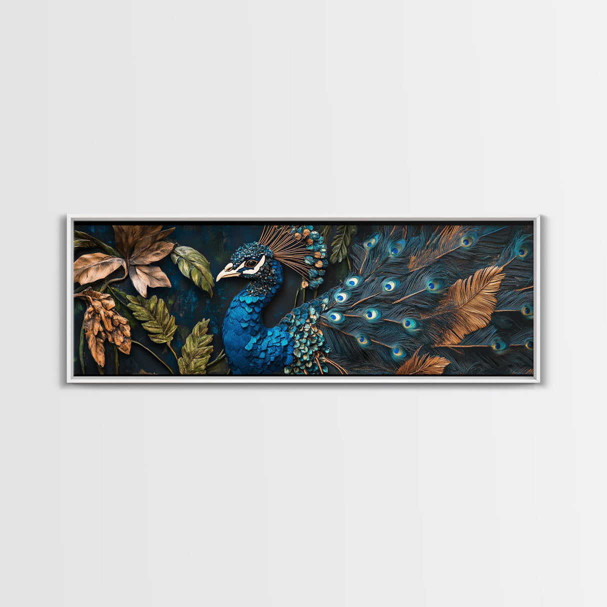 Blue Peacock Framed Canvas Print Chinoiserie Style Mosaic Wall Art Boho Rustic Decor Living Room Feature Art Print